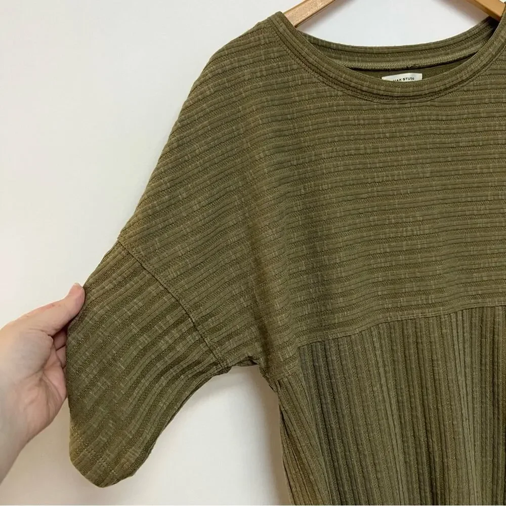 Max Studio Ribbed Short Sleeve Sweater Knit Top Olive Green Loose Fit Medium_3
